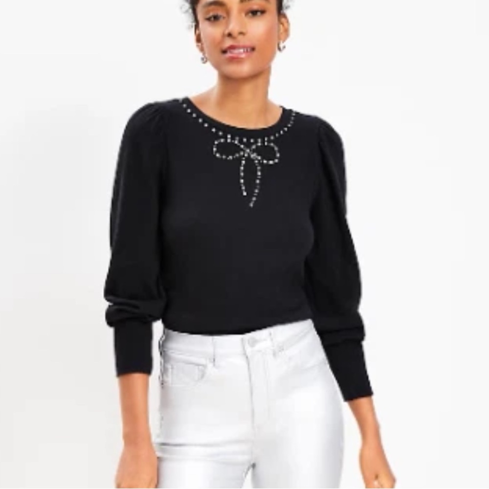 LOFT Black Sparkle Bow Accent Puff Sleeve Sweatshirt Top
